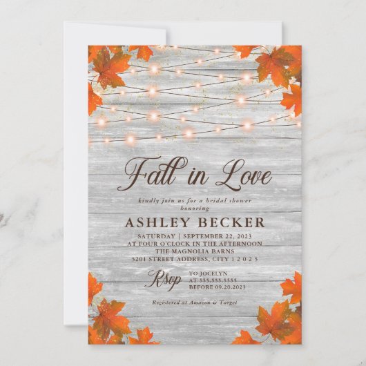 Invitation Rustic Fall In Love String Lumières Fête des marié (Devant)