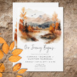 Invitation Rustic Fall Mountain Scene Mariage d'aquarelle<br><div class="desc">Echappez-vous à une retraite de montagne d'automne sereine avec votre faire-part de mariage. Ce design exquis présente un tableau d'aquarelle époustouflant d'une montagne majestueuse, entourée d'arbres ornés de feuillage d'automne, leur beauté flanquant les eaux sereines. Les tons naturels doux de bronze, brun, rouille, or et gris créent une atmosphère intemporelle...</div>