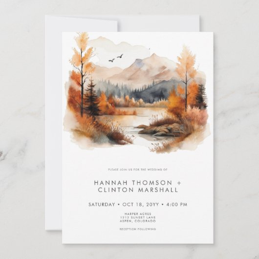 Invitation Rustic Fall Mountain Scene Watercolor Wedding (Devant)
