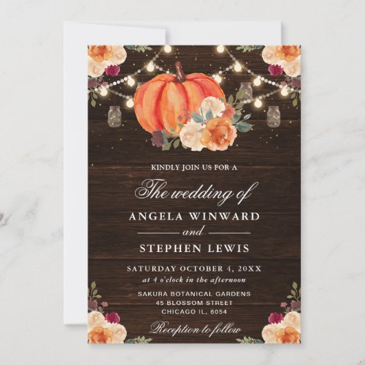 Invitation Rustic Fall Orange Citrouille Floral Mariage (Devant)