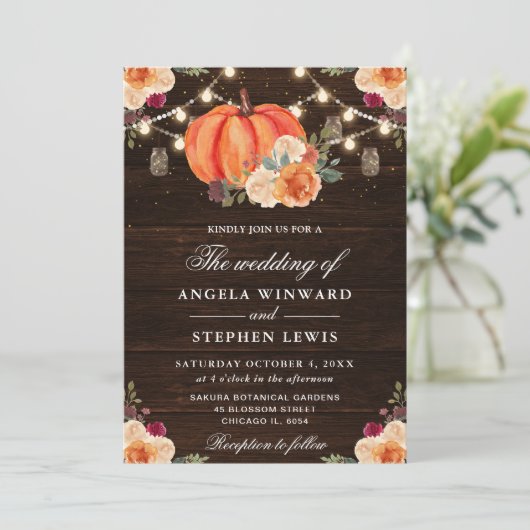 Invitation Rustic Fall Orange Citrouille Floral Mariage (Debout devant)