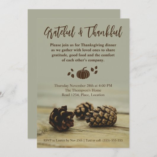 Invitation Rustic Fall Pinecones On Wood Pumpkin Thanksgiving (Devant / Derrière)