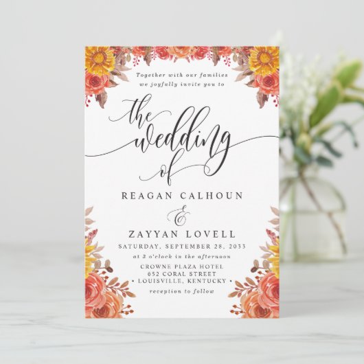 Invitation Rustic Fall Terracotta Floral Mariage (Debout devant)