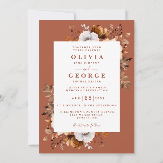 Invitation Rustic Fall Terracotta Floral Moderne Mariage (Devant)