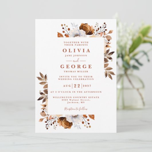 Invitation Rustic Fall Terracotta Floral Moderne Mariage (Debout devant)