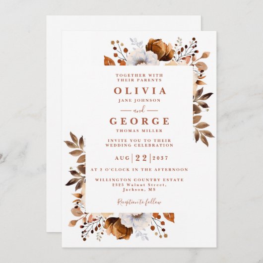 Invitation Rustic Fall Terracotta Floral Moderne Mariage (Devant / Derrière)