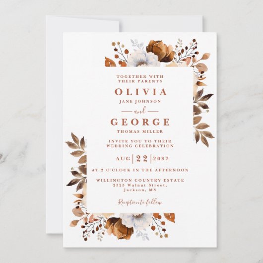 Invitation Rustic Fall Terracotta Moderne Floral Photo Mariag (Devant)