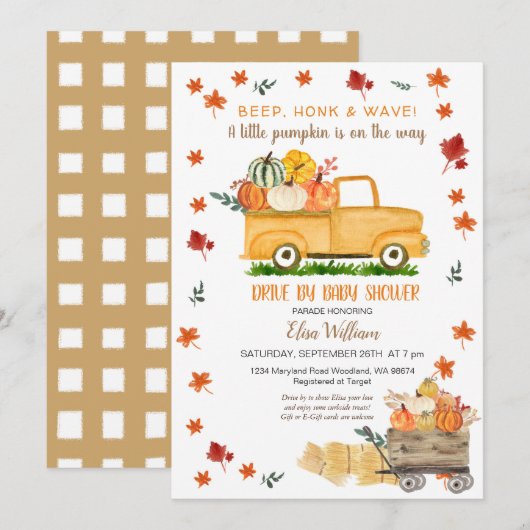 Invitation Rustic Fall Truck Citrouille Drive Par Baby shower (Devant / Derrière)
