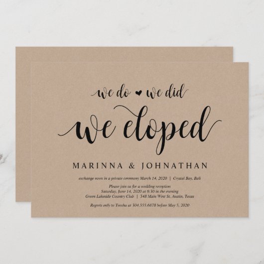 Invitation Rustic Farm Kraft, script noir, Elopement Mariage (Devant / Derrière)