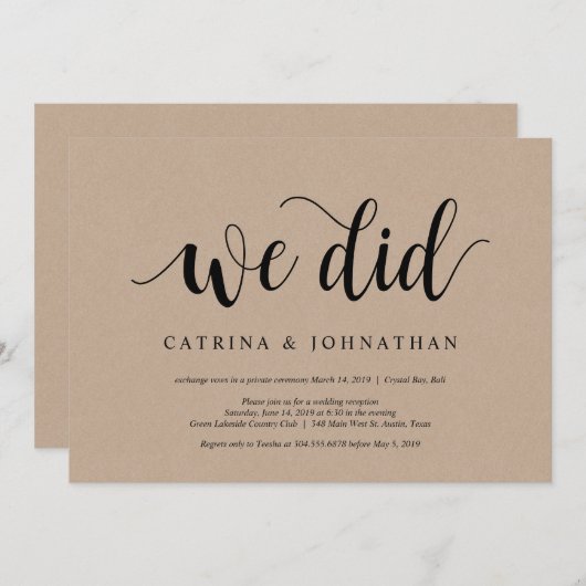 Invitation Rustic Farm Kraft, script noir, Elopement Mariage (Devant / Derrière)