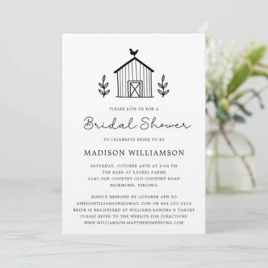 Invitation Rustic Farmhouse Barn Script QR code Fête des mari (Debout devant)