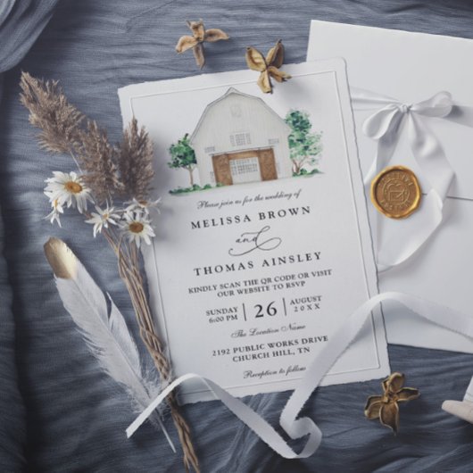 Invitation Rustic Farmhouse Elegant Barn QR Code Wedding