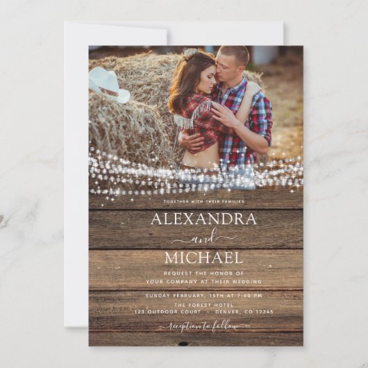 Invitation Rustic Farmhouse String Lights Mariage photo (Devant)