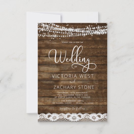 Invitation Rustic Farmhouse String Lights QR Code Mariage (Devant)