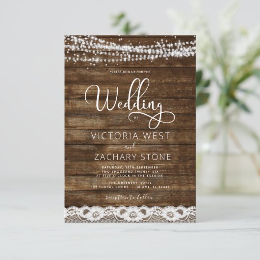 Invitation Rustic Farmhouse String Lights QR Code Mariage (Debout devant)