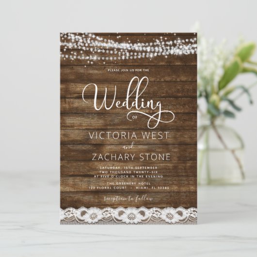 Invitation Rustic Farmhouse String Lights QR Code Mariage (Debout devant)