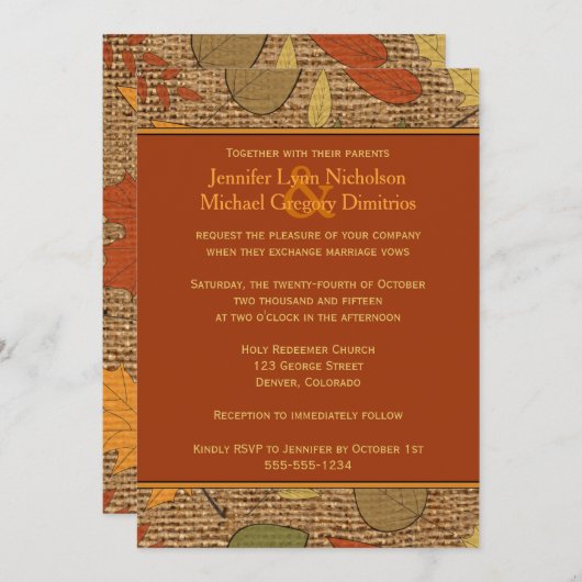 Invitation Rustic FAUX Burlap, Automne Feuilles Mariage Invit (Devant / Derrière)