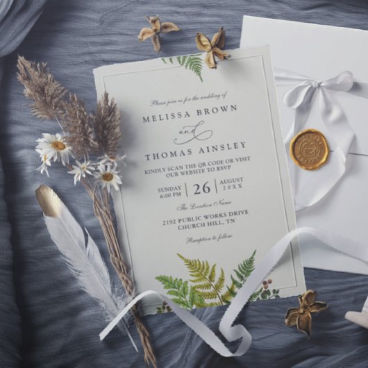 Invitation Rustic Fern Forest Greenery Modern QR Code Wedding