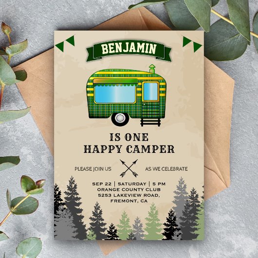 Invitation Rustic Flannel One Happy Camper 1er Anniversaire