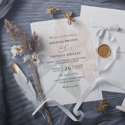 Invitation Rustic Floral Neutral Budget QR Code Wedding