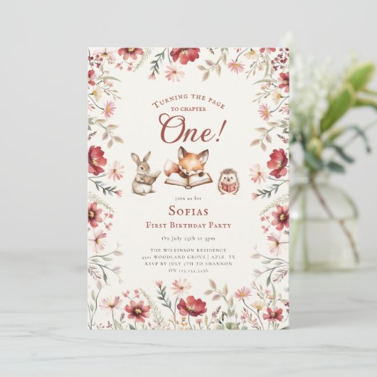 Invitation Rustic Floral next chapter first birthday (Debout devant)