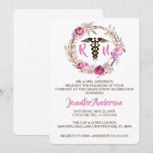Invitation Rustic Floral Nursing School (Devant / Derrière)