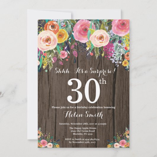 Invitation Rustic Floral Surprise 30e anniversaire (Devant)