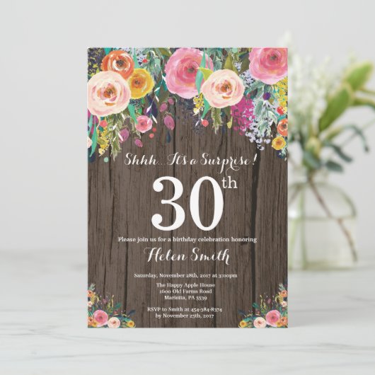 Invitation Rustic Floral Surprise 30e anniversaire (Debout devant)