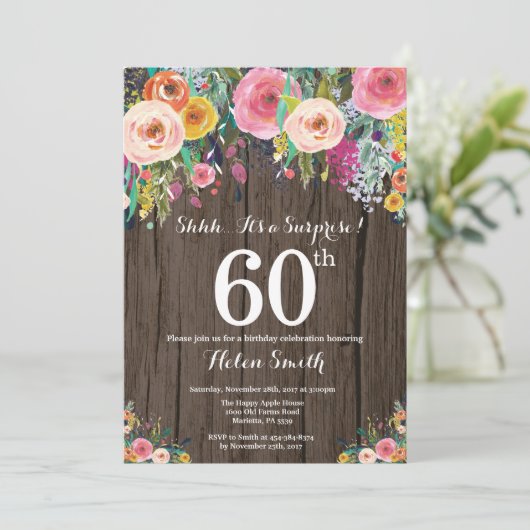 Invitation Rustic Floral Surprise 60e anniversaire (Debout devant)