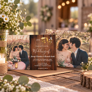 Invitation Rustic flowers on barn wood monogram photo Wedding