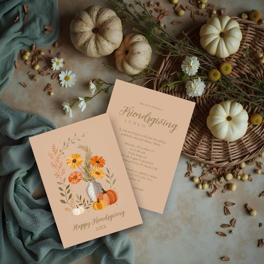 Invitation Rustic Folk Art Vase Flowers Pumpkin Friendsgiving