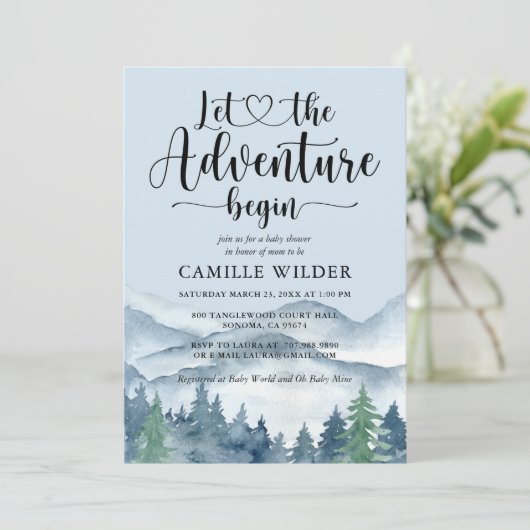 Invitation Rustic Forest Adventure Mountains Blue Baby (Debout devant)