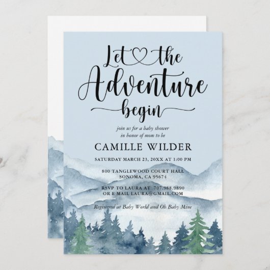 Invitation Rustic Forest Adventure Mountains Blue Baby (Devant / Derrière)