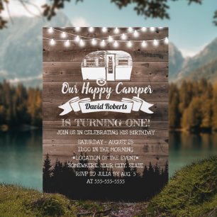 Invitation Rustic Forest Happy Camper 1er anniversaire fête