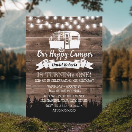 Invitation Rustic Forest Happy Camper 1er anniversaire fête