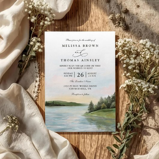 Invitation Rustic Forest Lake Landscape QR Code Wedding