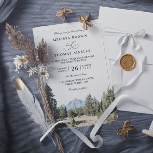 Invitation Rustic Forest Mountain Skyline QR Code Wedding