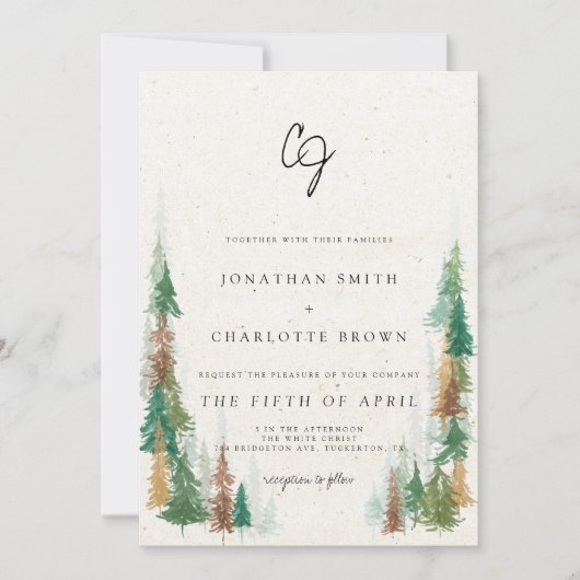 Invitation Rustic Forest & Mountains Monogram Mariage (Devant)