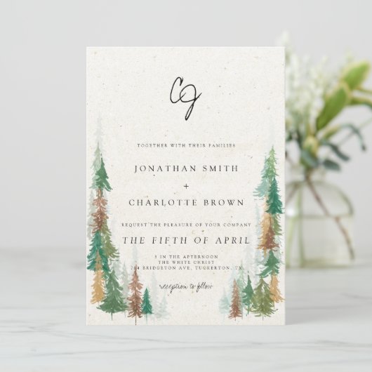 Invitation Rustic Forest & Mountains Monogram Mariage (Debout devant)