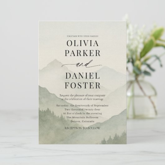 Invitation Rustic Forest Mountains QR Code Wedding  (Debout devant)