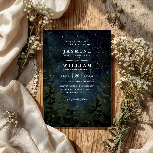 Invitation Rustic Forest Sky Night Elegant QR Code Wedding