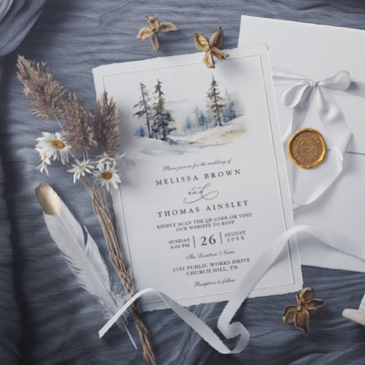 Invitation Rustic Forest Trees Pine Elegant QR Code Wedding