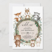 Invitation Rustic Forest Woodland Animals Wild One Birthday (Devant)