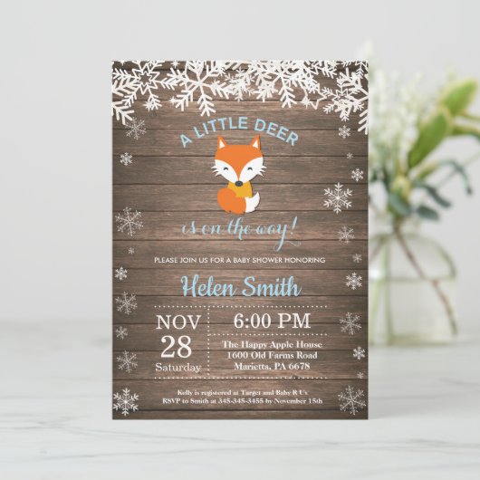 Invitation Rustic Fox Winter Boy Baby shower (Debout devant)
