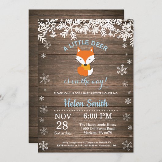 Invitation Rustic Fox Winter Boy Baby shower (Devant / Derrière)