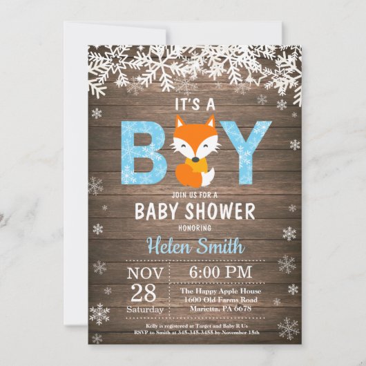 Invitation Rustic Fox Winter Boy Baby shower (Devant)