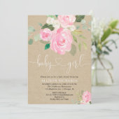 Invitation Rustic Girl baby shower floral rose kraft (Debout devant)