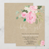 Invitation Rustic Girl baby shower floral rose kraft (Devant / Derrière)