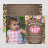 Invitation Rustic Girl Citrouille premier anniversaire Floral (Devant / Derrière)