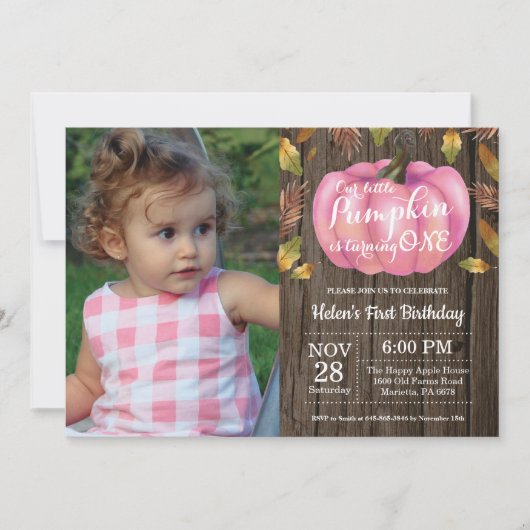 Invitation Rustic Girl Citrouille premier anniversaire Invita (Devant)